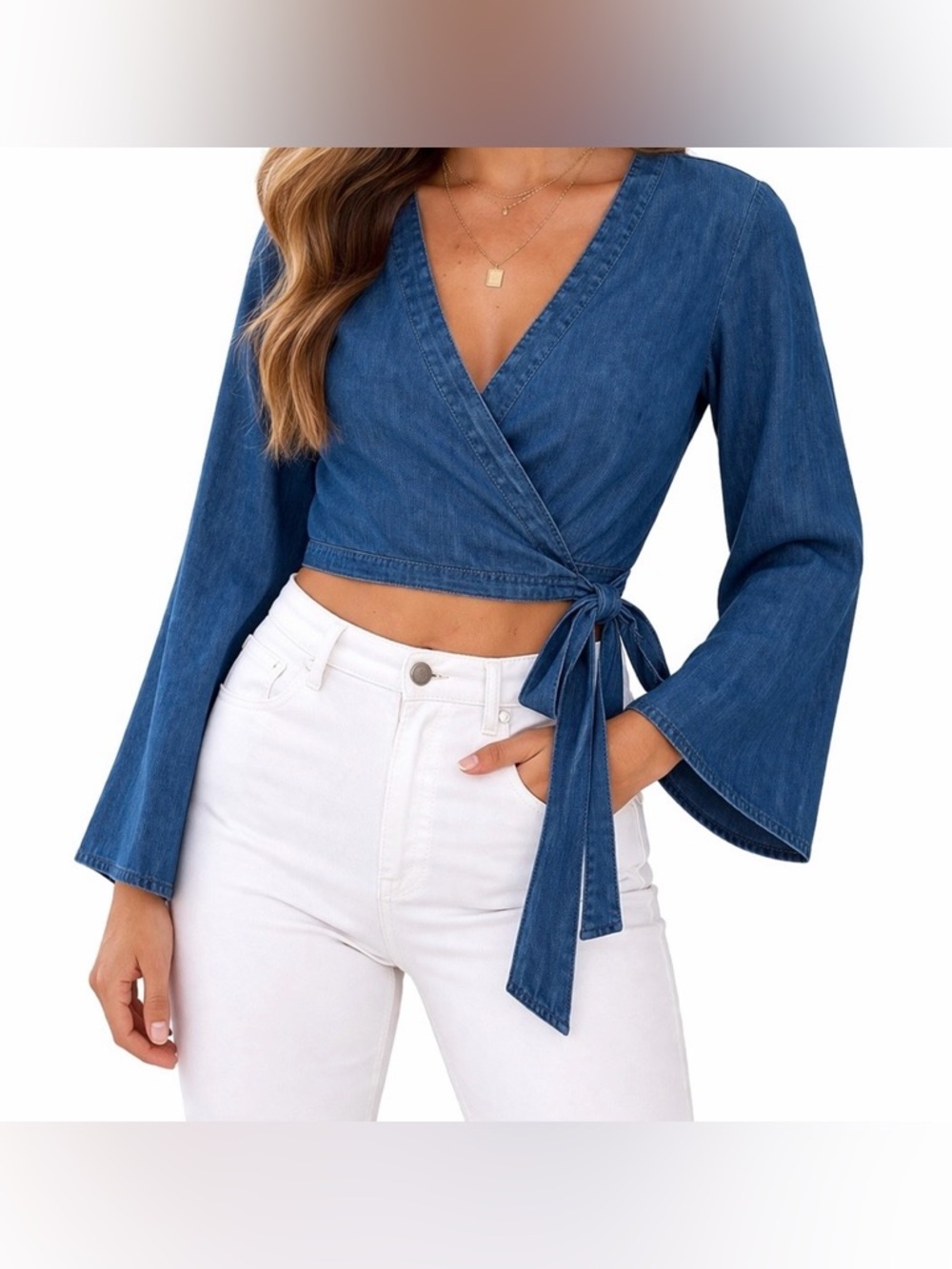 Gianni Bini Denim Wrap Crop Top Blue Tie Front Size S